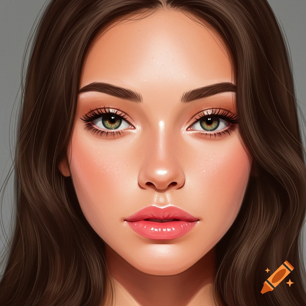 A close-up shot of a woman's face, featuring green eyes and brown hair.