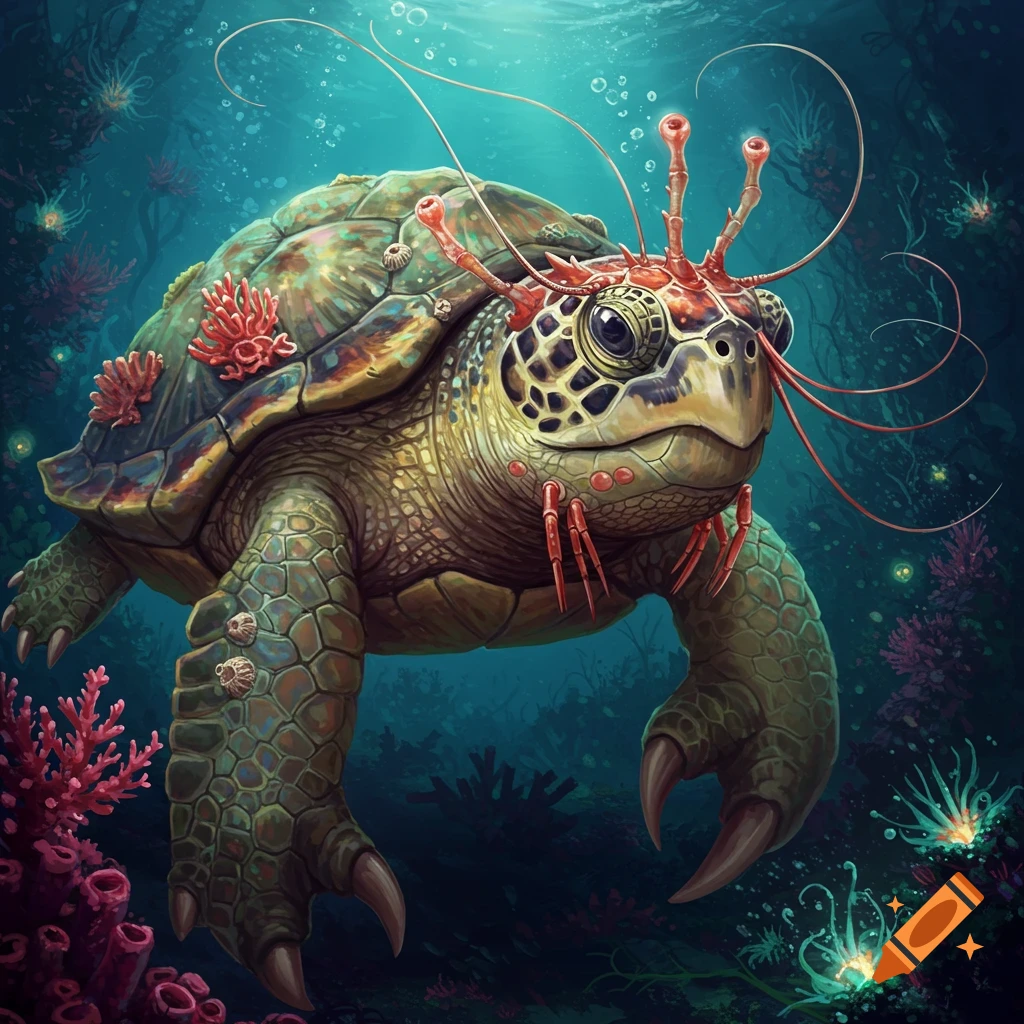 A mutant turtle with shrimp features swims in a vibrant coral reef.