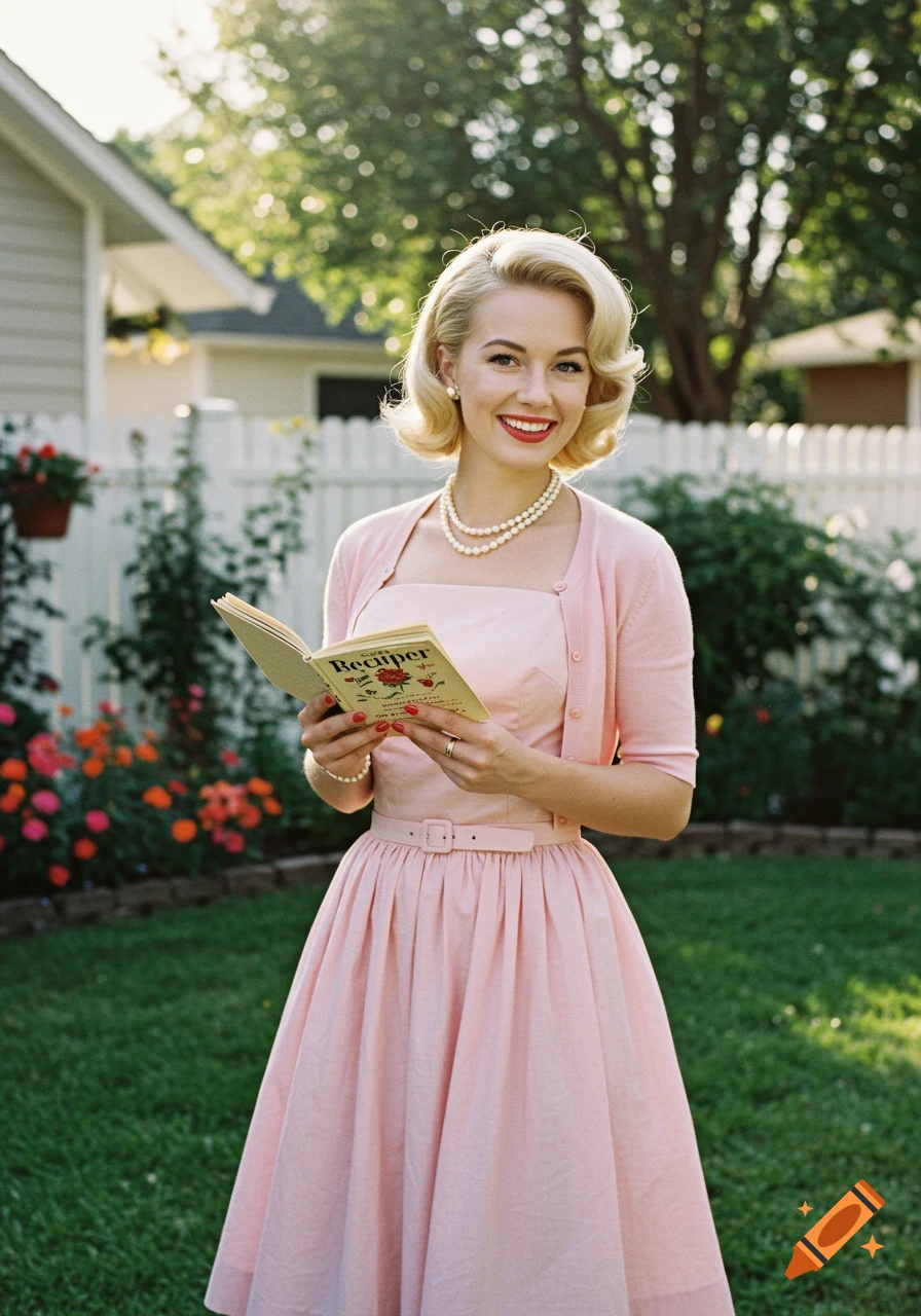 Smiling blonde woman in pink 1950s dress holds a book in a sunny backyard