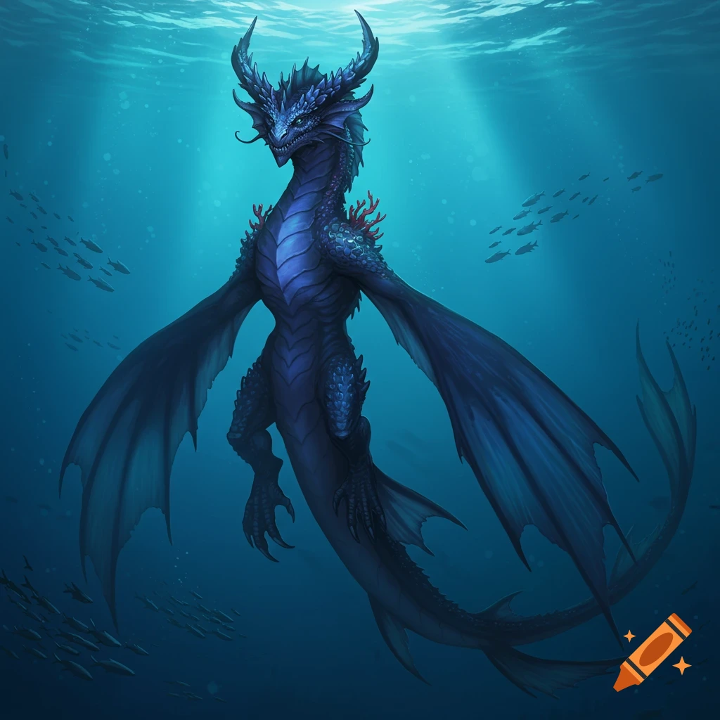 A blue dragon-like leviathan swims underwater with schools of fish and light rays.