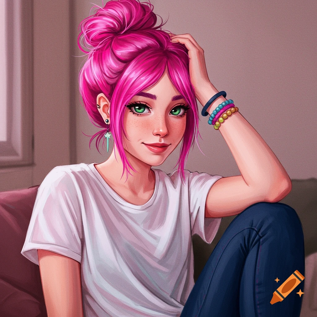 A portrait of a young woman with bright pink hair in a bun, green eyes, and freckles, wearing a white t-shirt and bracelets.