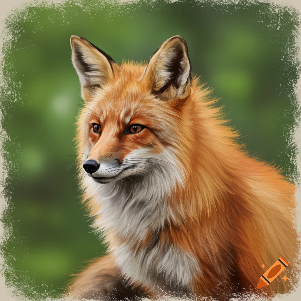 A portrait of a fox with a green background.