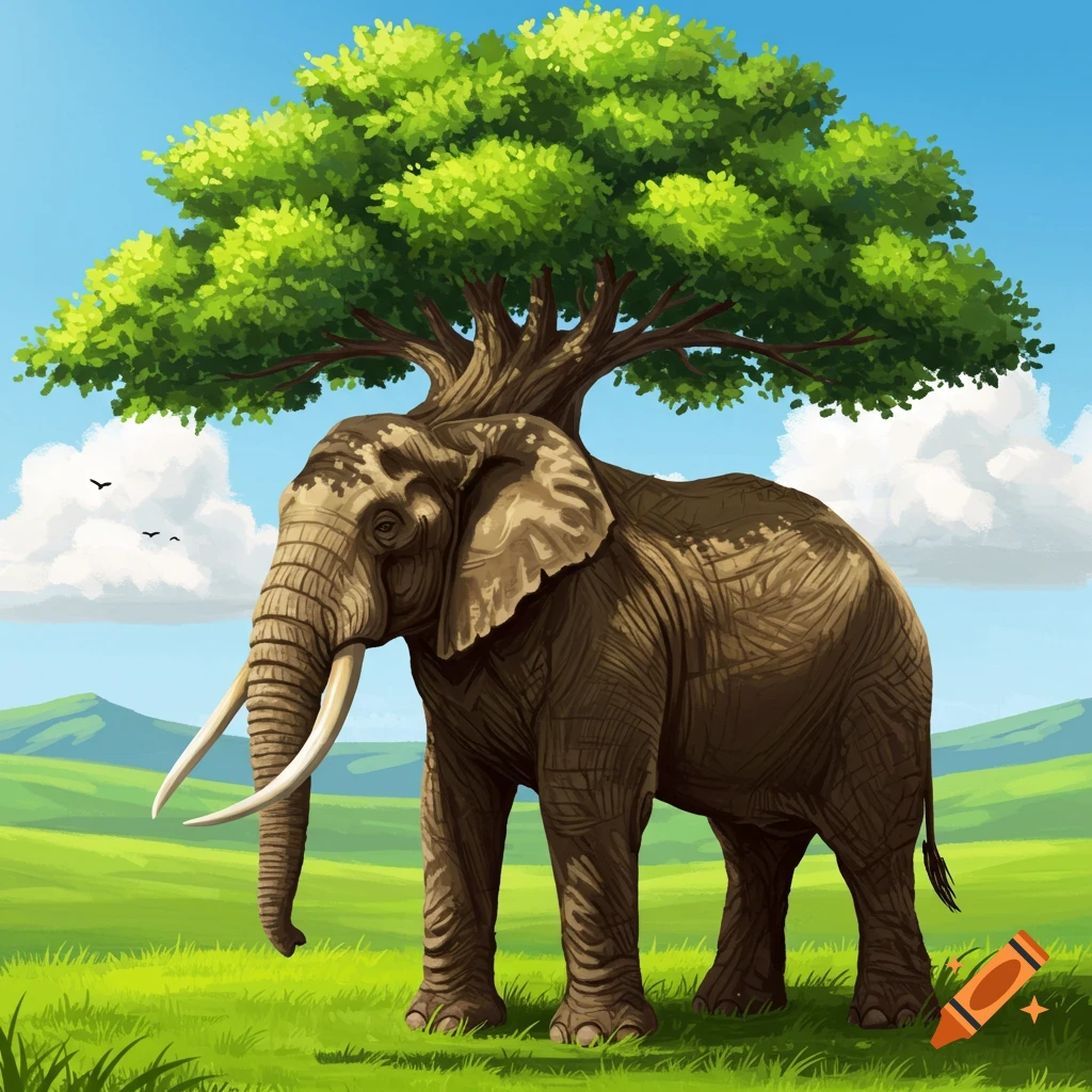 An elephant with a tree growing on its back stands in a grassy field under a blue sky.