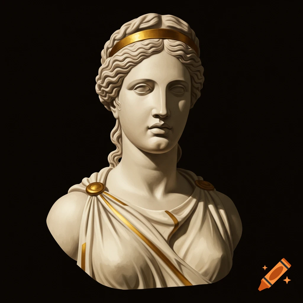 A white marble bust of a Greek goddess with gold accents
