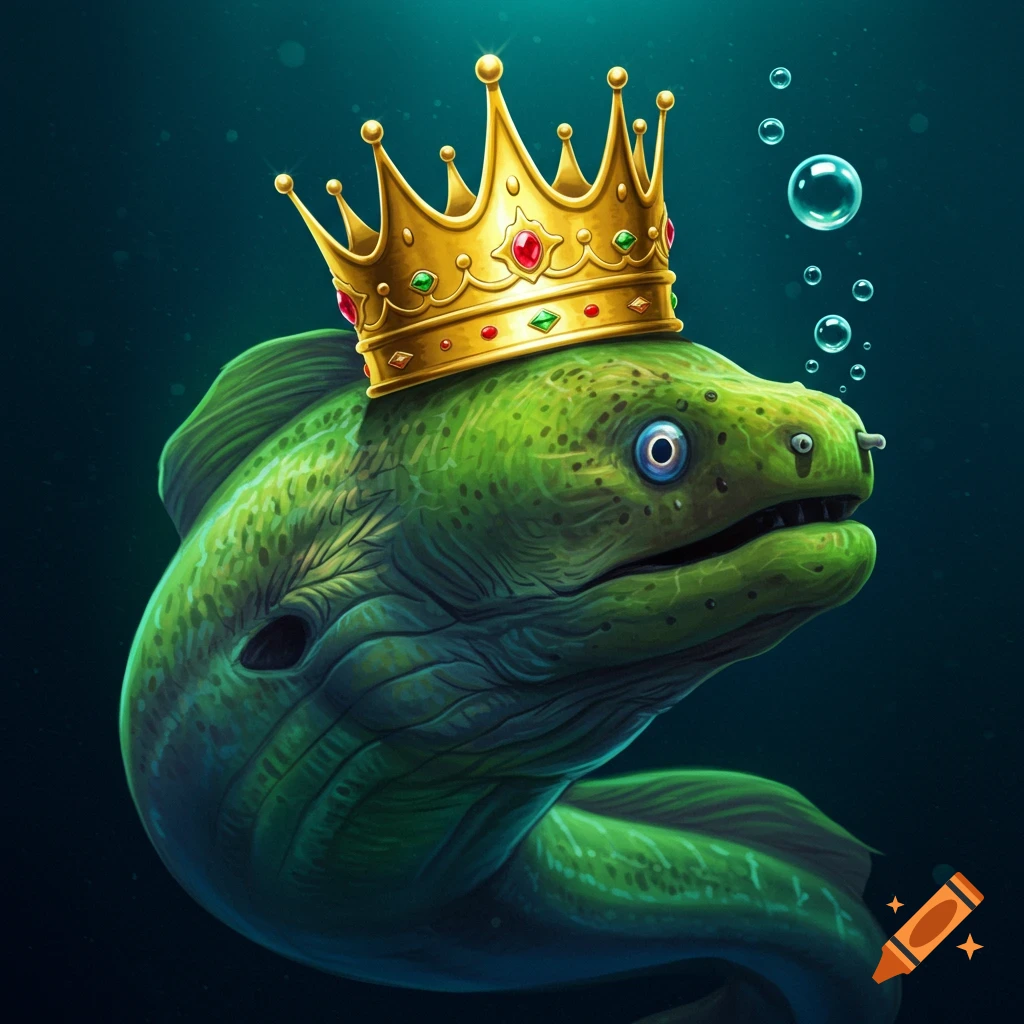 A green eel wearing a golden crown underwater with bubbles