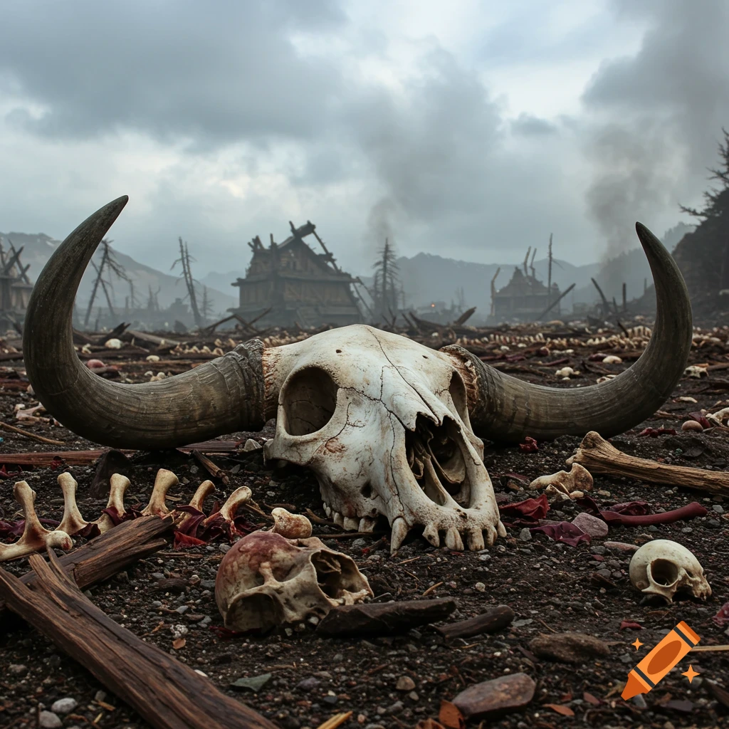 A large horned skull and bones lie on a battlefield with ruined buildings under a cloudy sky. Photorealistic.