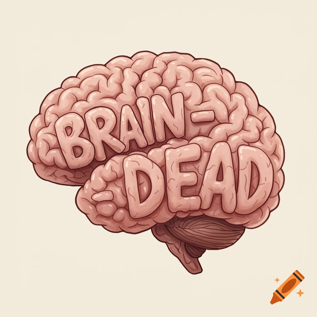 An illustration of a human brain with the words "BRAIN-DEAD" formed by its ridges.