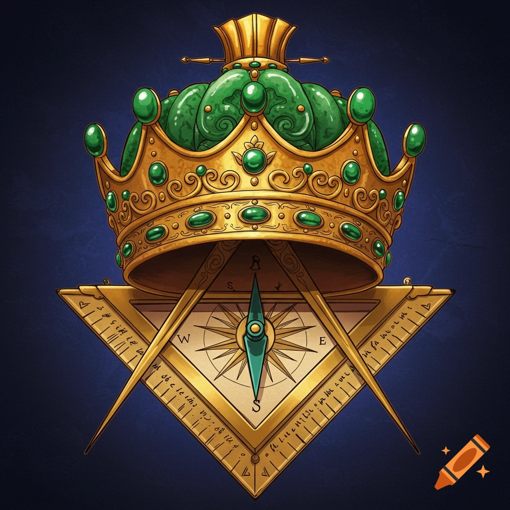 A golden crown with green jewels over a masonic square and compass with a compass rose.