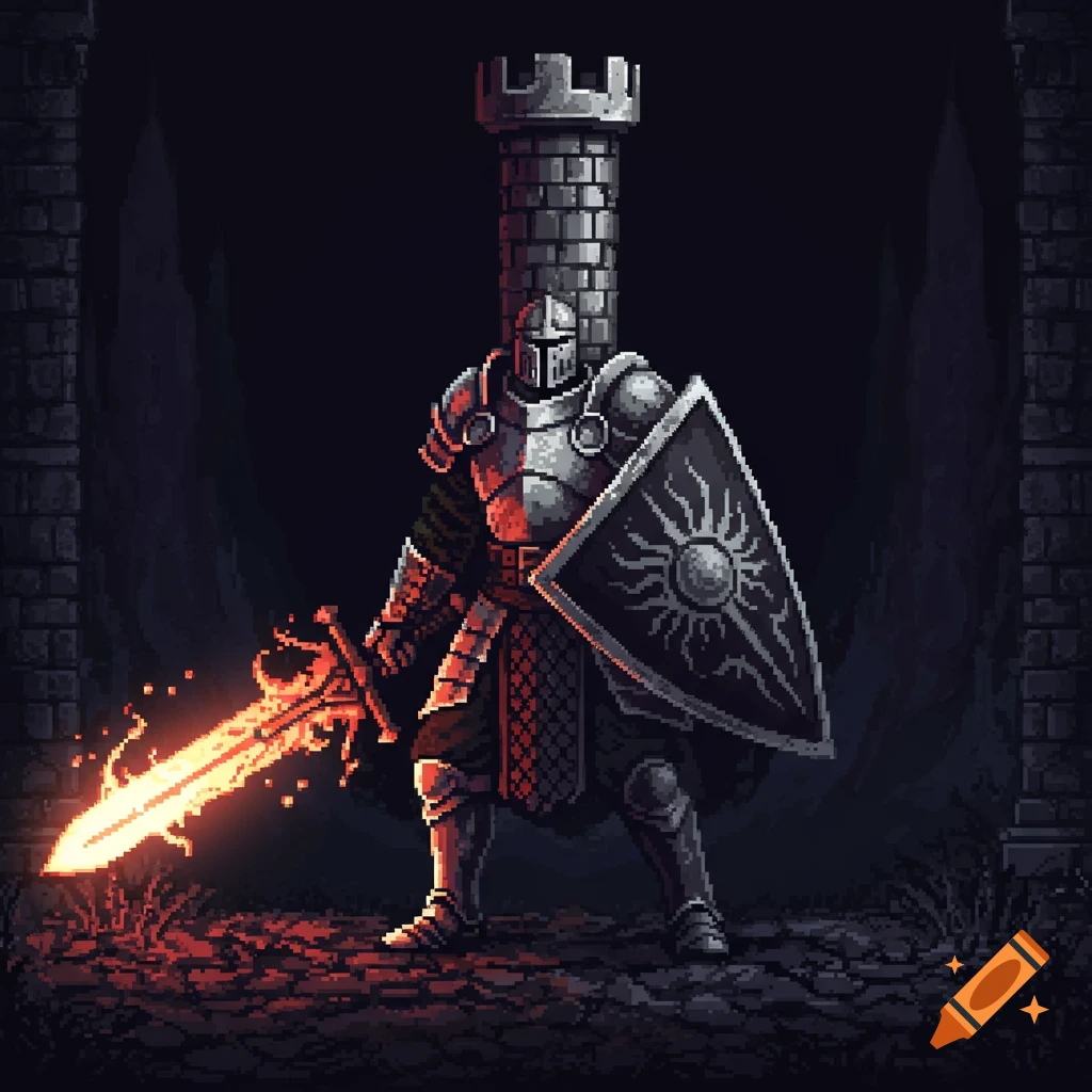 Pixel art knight with a tower head, shield, and glowing sword.