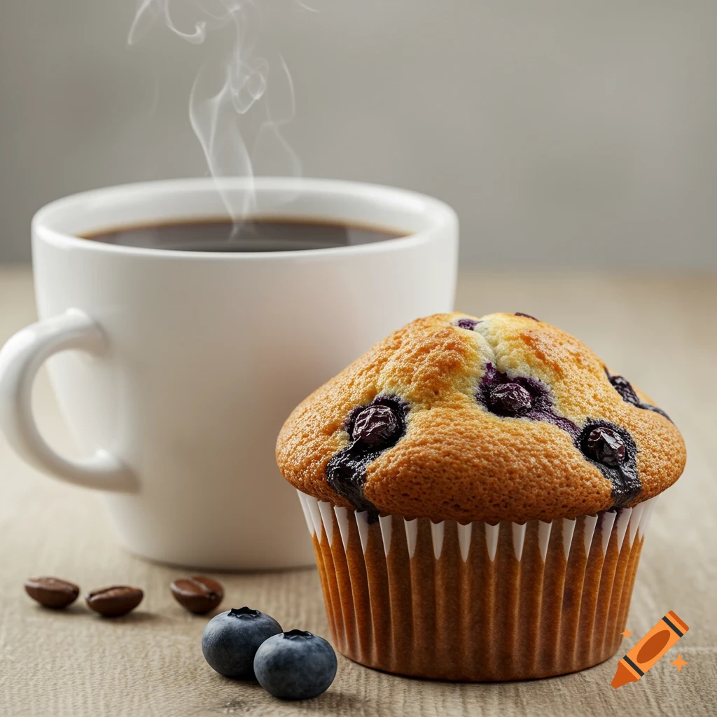 A steaming cup of coffee behind a blueberry muffin on a wooden surface with scattered blueberries and coffee beans.