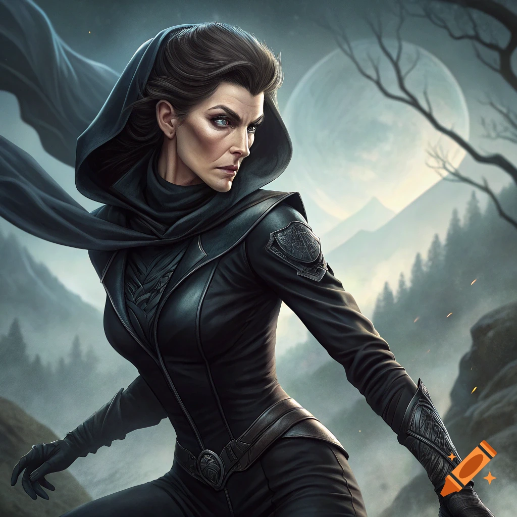 A woman in a black hooded outfit and cape stands in a fantasy mountain landscape under a large moon.