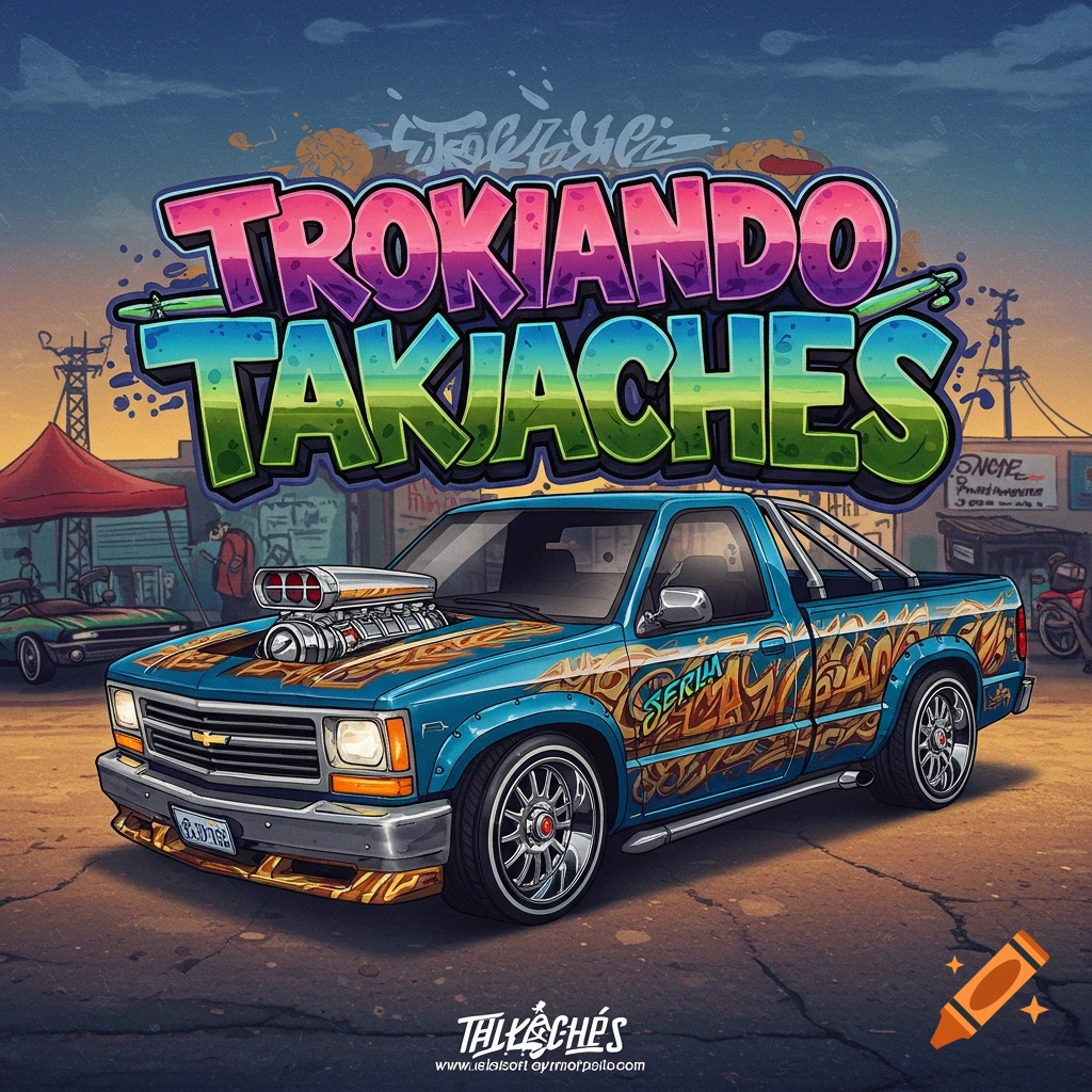 Stylized illustration of a blue custom pickup truck with large 'TROKIANDO TAKUACHES' text above it in an urban setting.