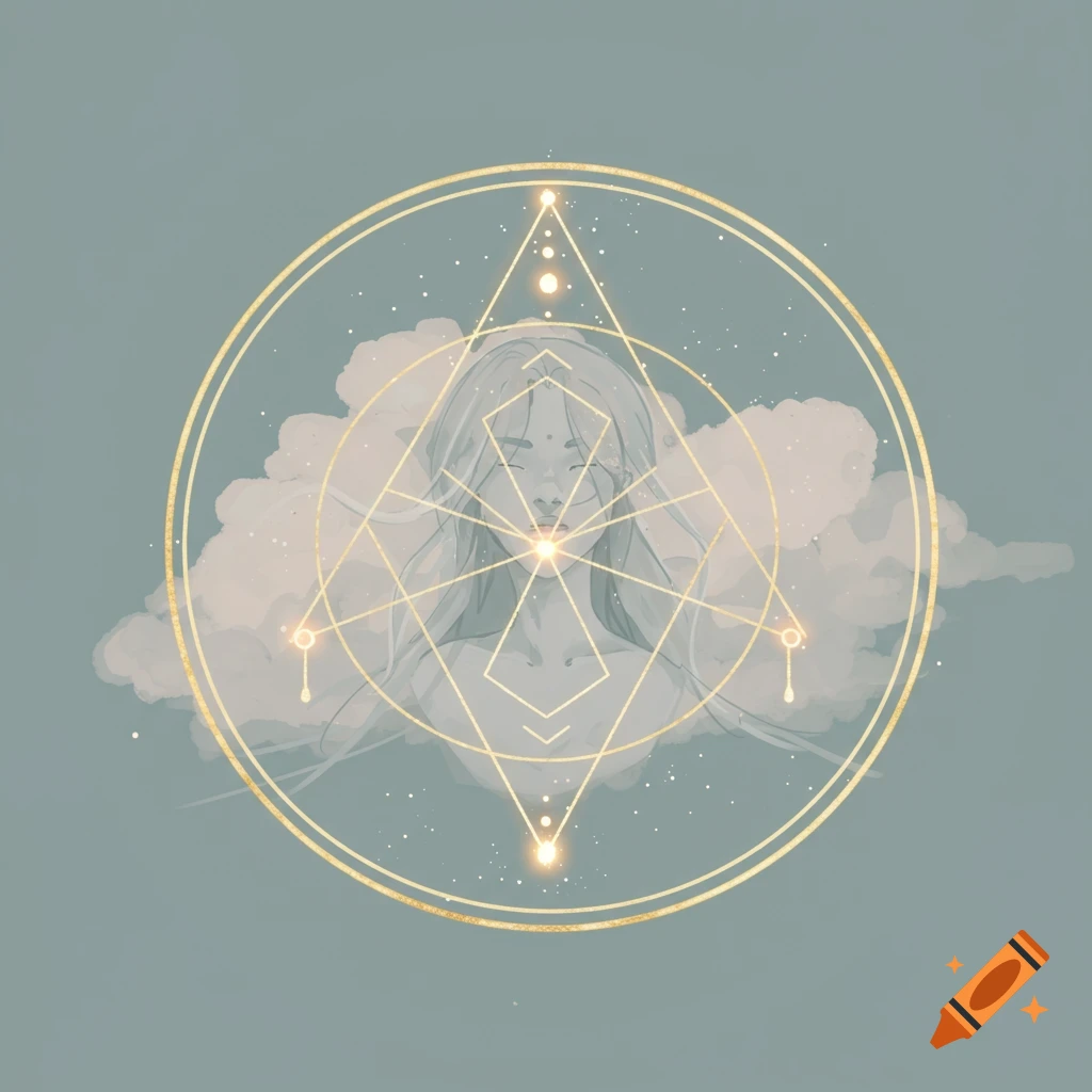 Stylized image of a person within a golden geometric circle surrounded by clouds.