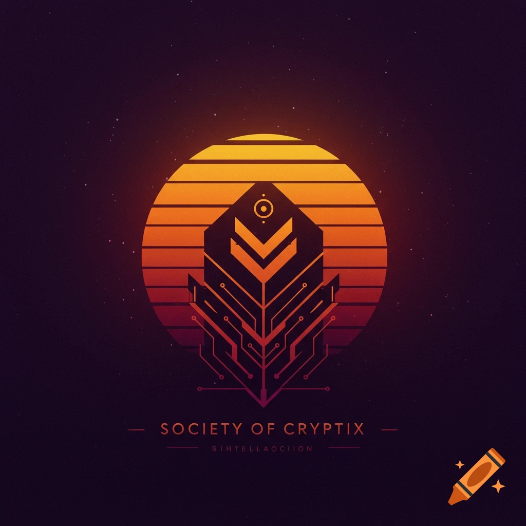 Logo with geometric tech symbol resembling a feather or leaf over a striped sunset circle, stars in background. Text reads 'SOCIETY OF CRYPTIX'.