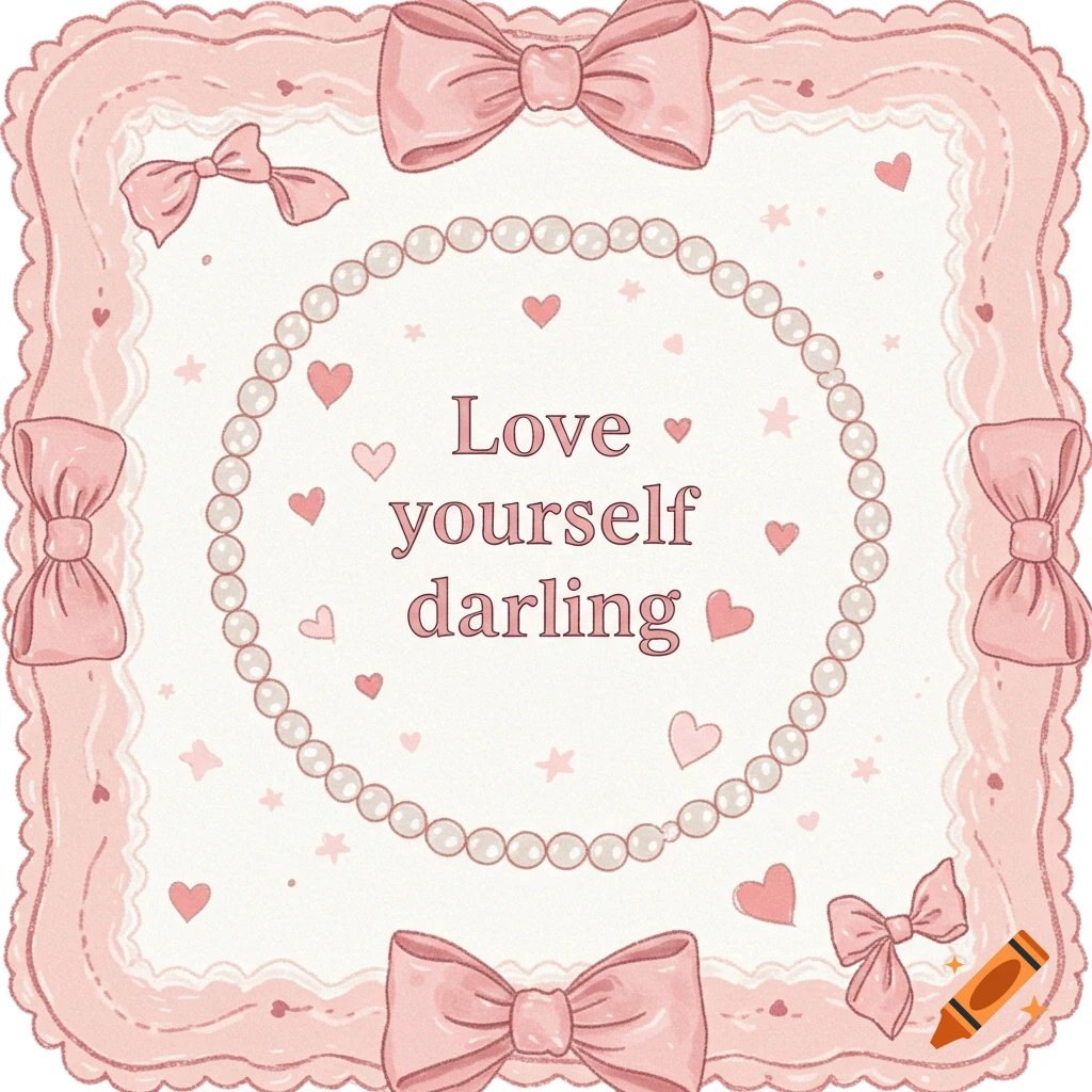 Pink illustration with bows and pearls framing the quote 'Love yourself darling'