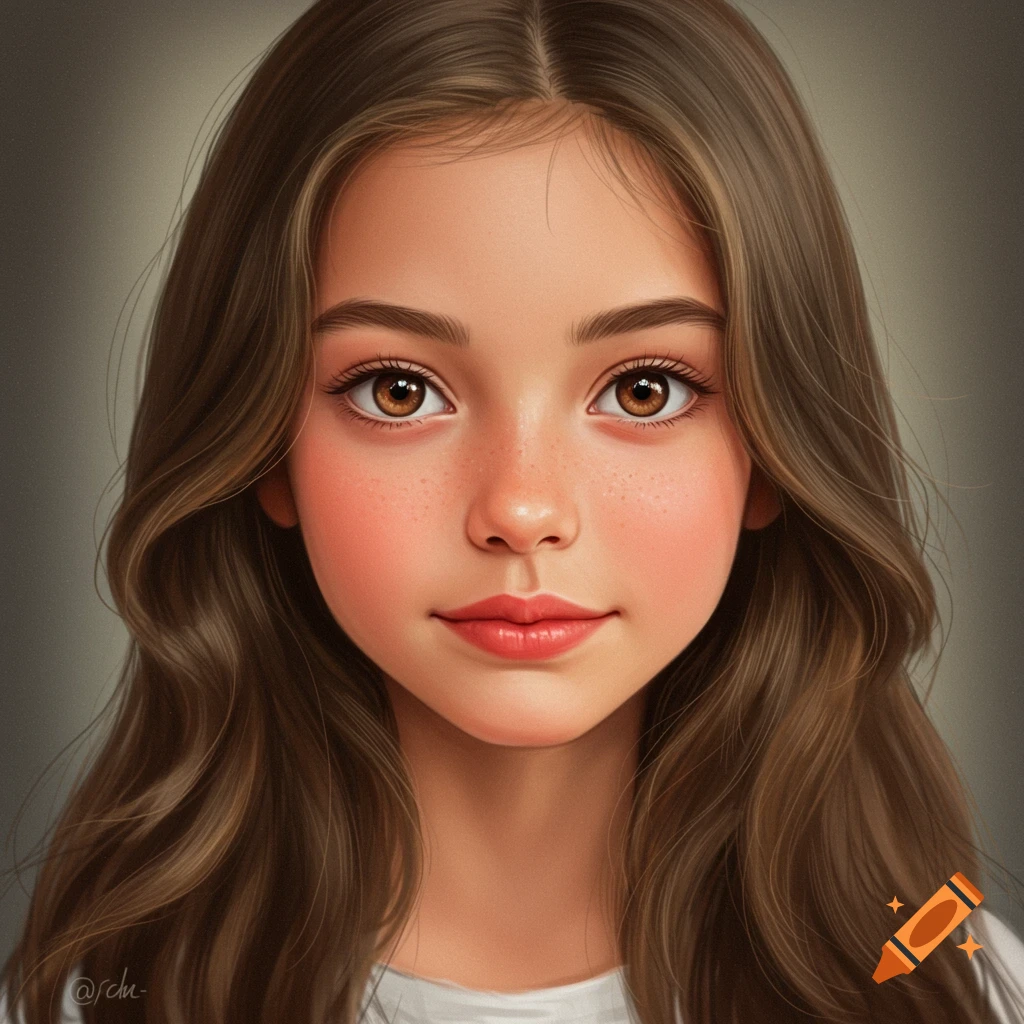 A closeup portrait of a young girl with brown hair and eyes and freckles.