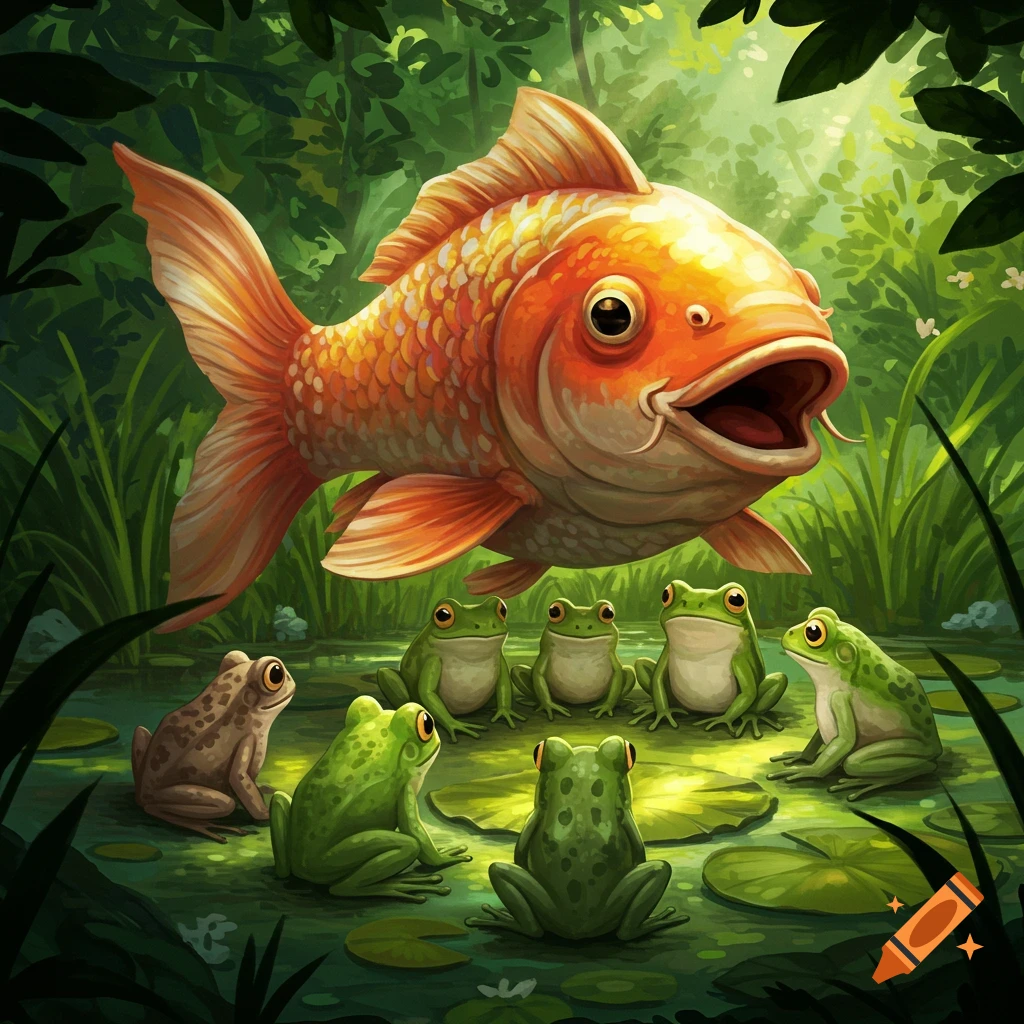 A large goldfish tells a story to frogs on lily pads in a forest pond.