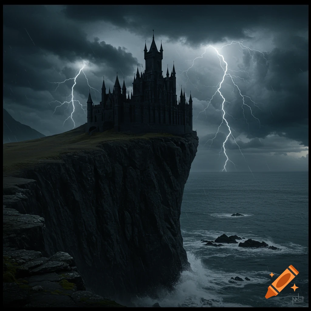 A menacing dark castle sits atop a sheer cliff overlooking a stormy sea under a sky lit by lightning strikes.