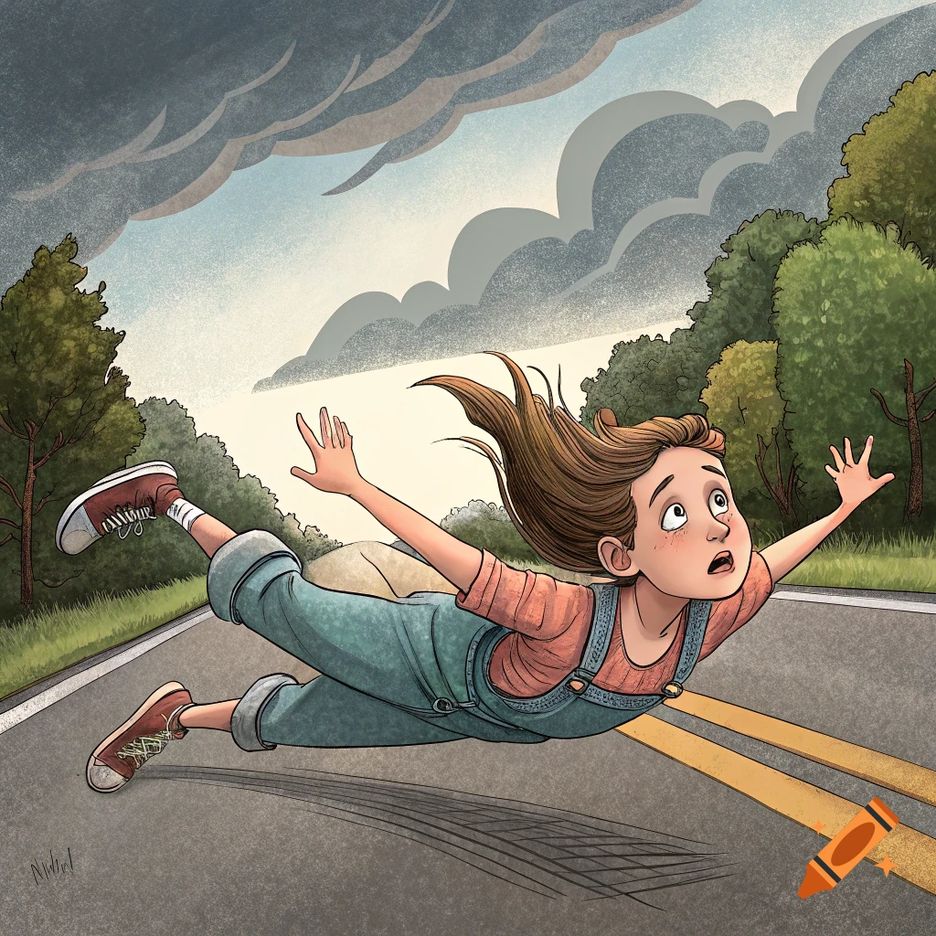 Illustration of a young girl falling backwards onto a road under a stormy sky.
