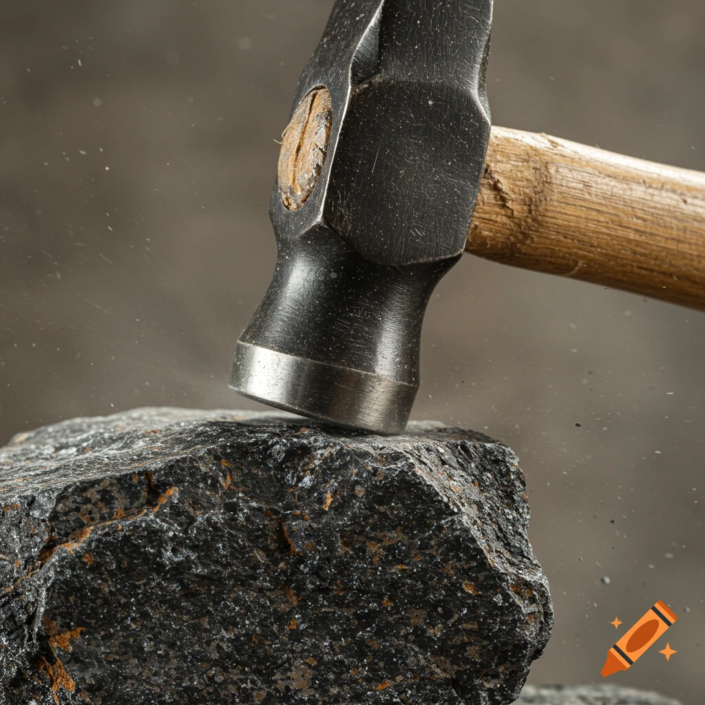 Close-up of a hammer hitting a rock, causing dust and debris to fly.