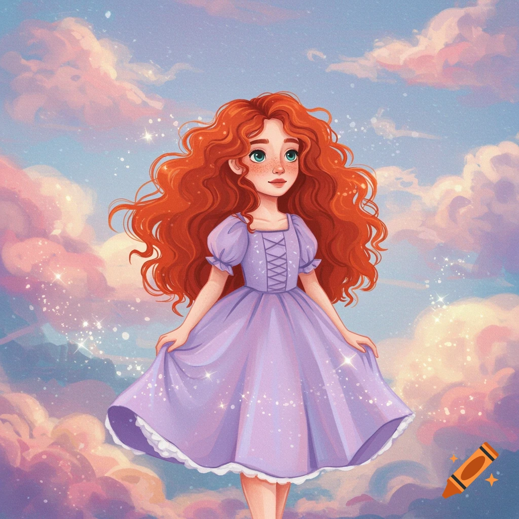 Whimsical illustration of a red-haired girl in a purple dress standing in fantasy clouds.