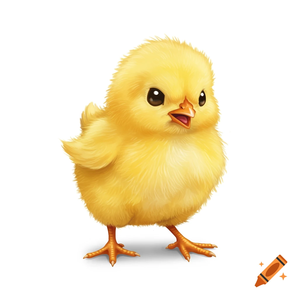 Cute fluffy yellow baby chicken with big eyes on a white background.