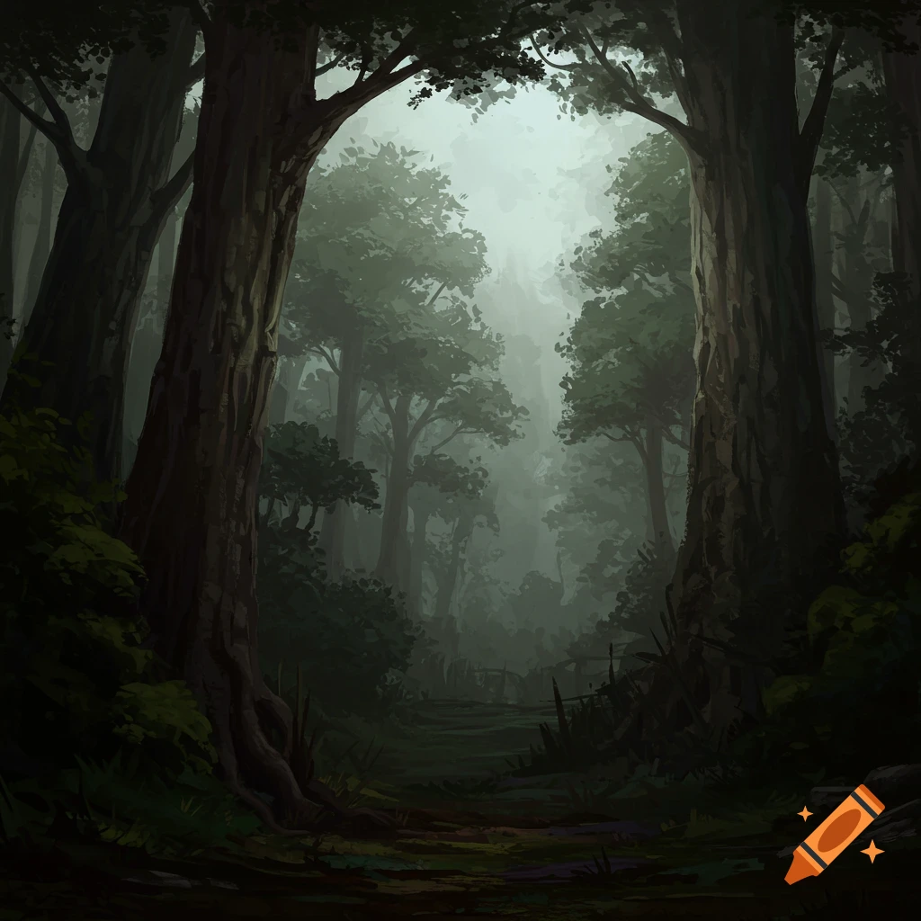 A foggy, dark forest path