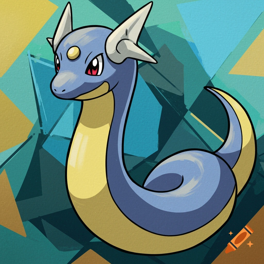An illustration of a blue and yellow Dratini against an abstract background.