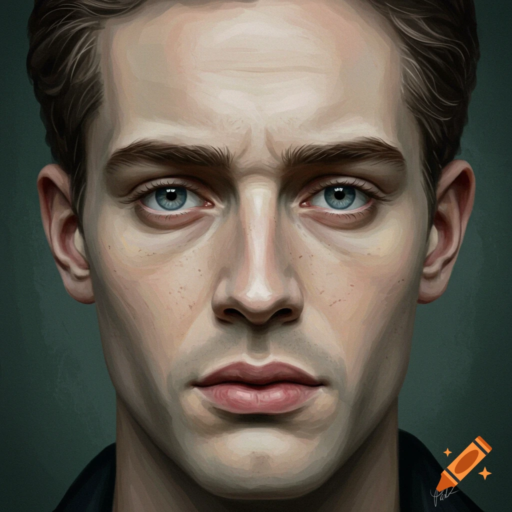 A close-up of a man's face with blue eyes.
