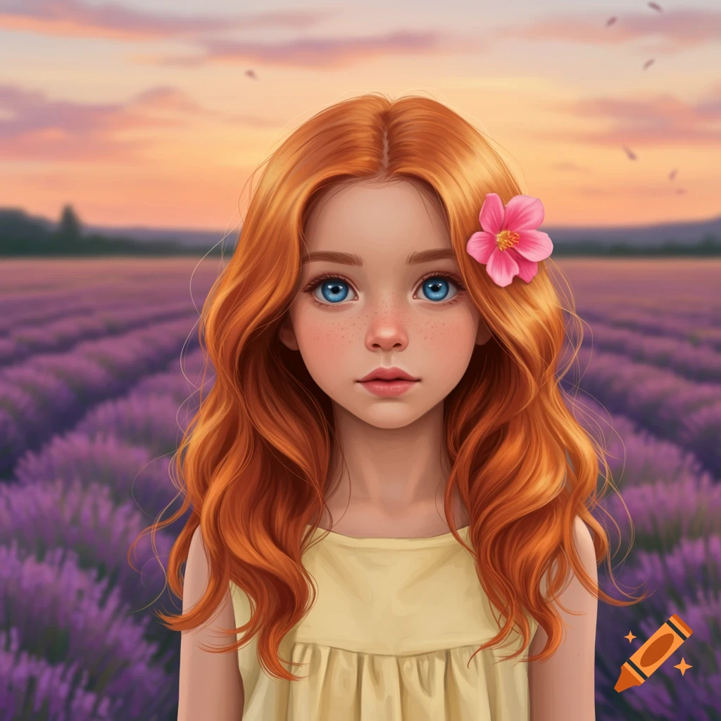 A young girl with red hair and blue eyes stands in a lavender field at sunset