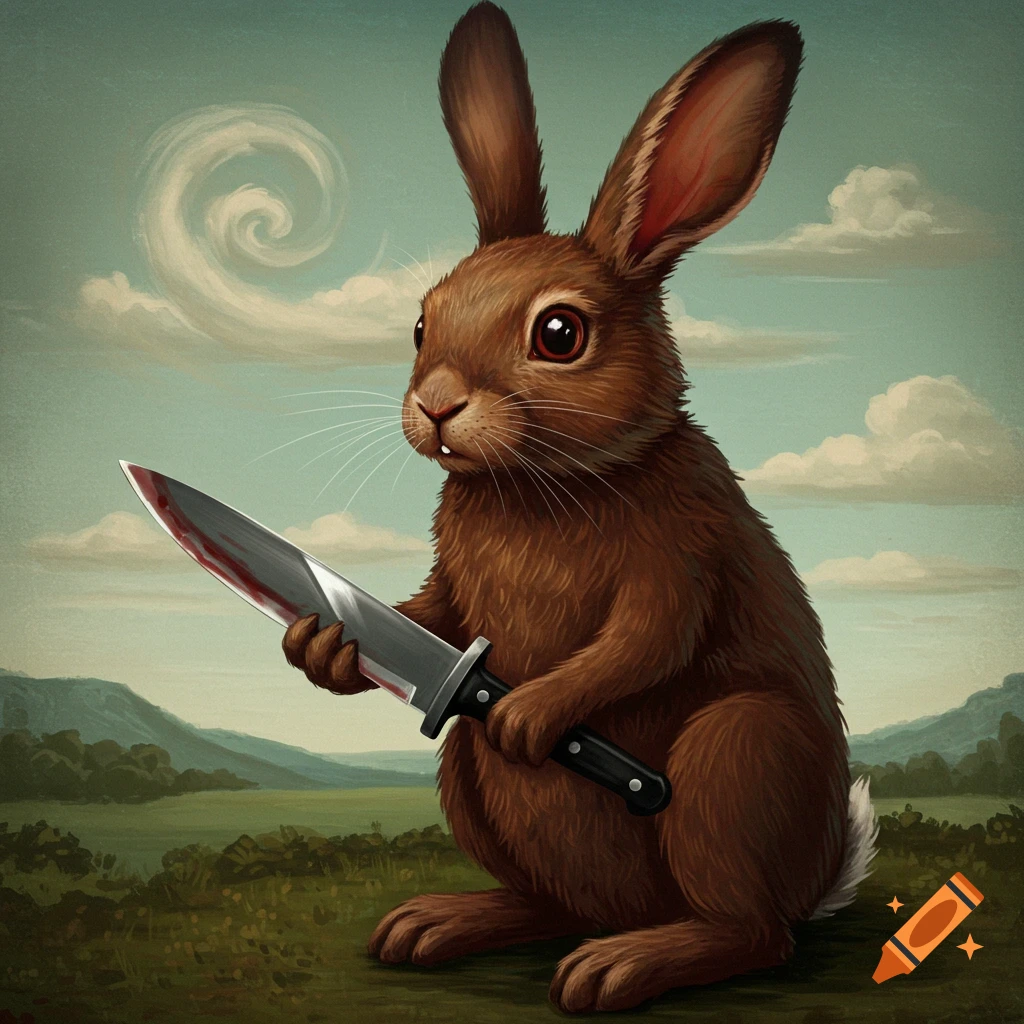 A brown rabbit stands in a grassy field under a cloudy sky, holding a bloody knife.