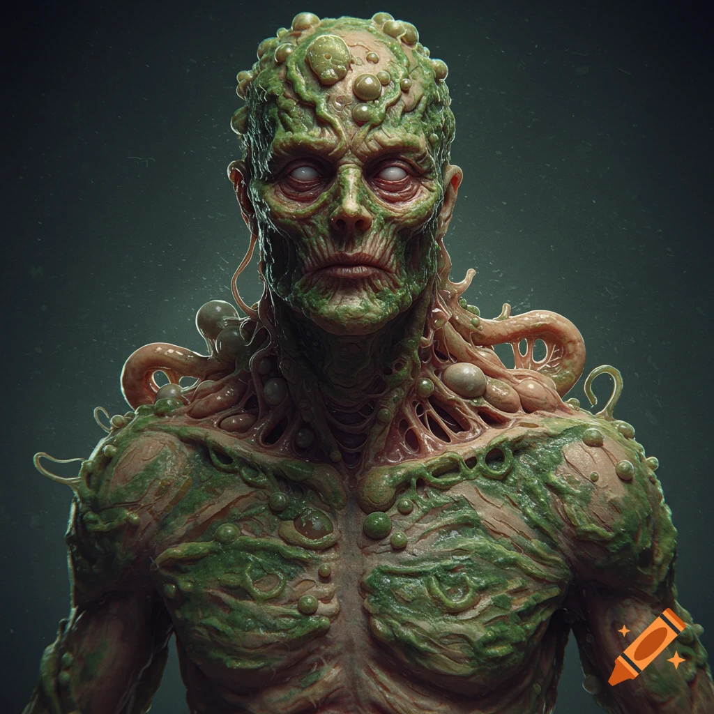 A grotesque human figure is covered in green mold and growths.