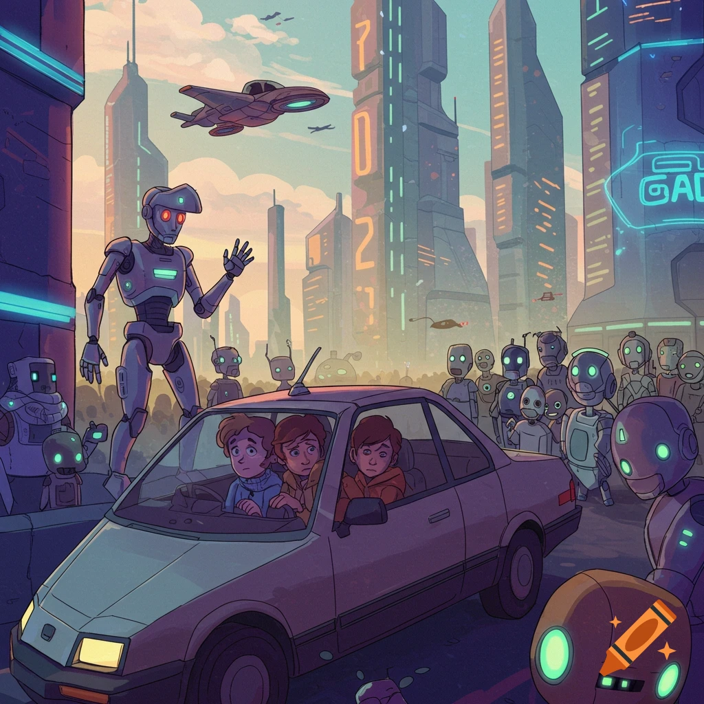 Children in a car driving through a futuristic city street with robots, tall buildings, and a flying vehicle.