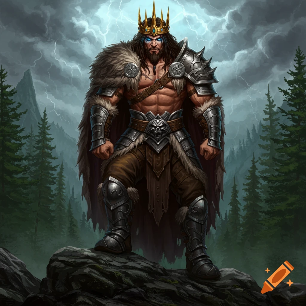 A fierce king in armor stands on a rock in a stormy mountain landscape.
