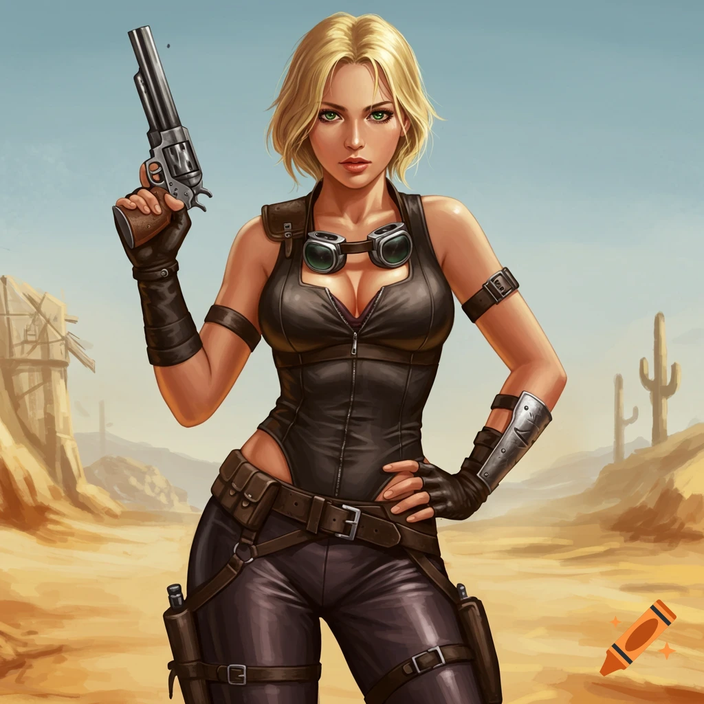 A blonde woman stands with a revolver in a post-apocalyptic desert.