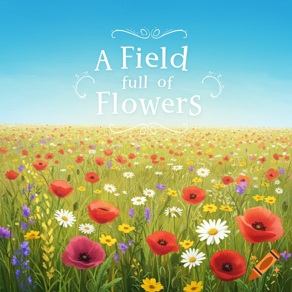 A field full of red, white, and yellow flowers under a blue sky