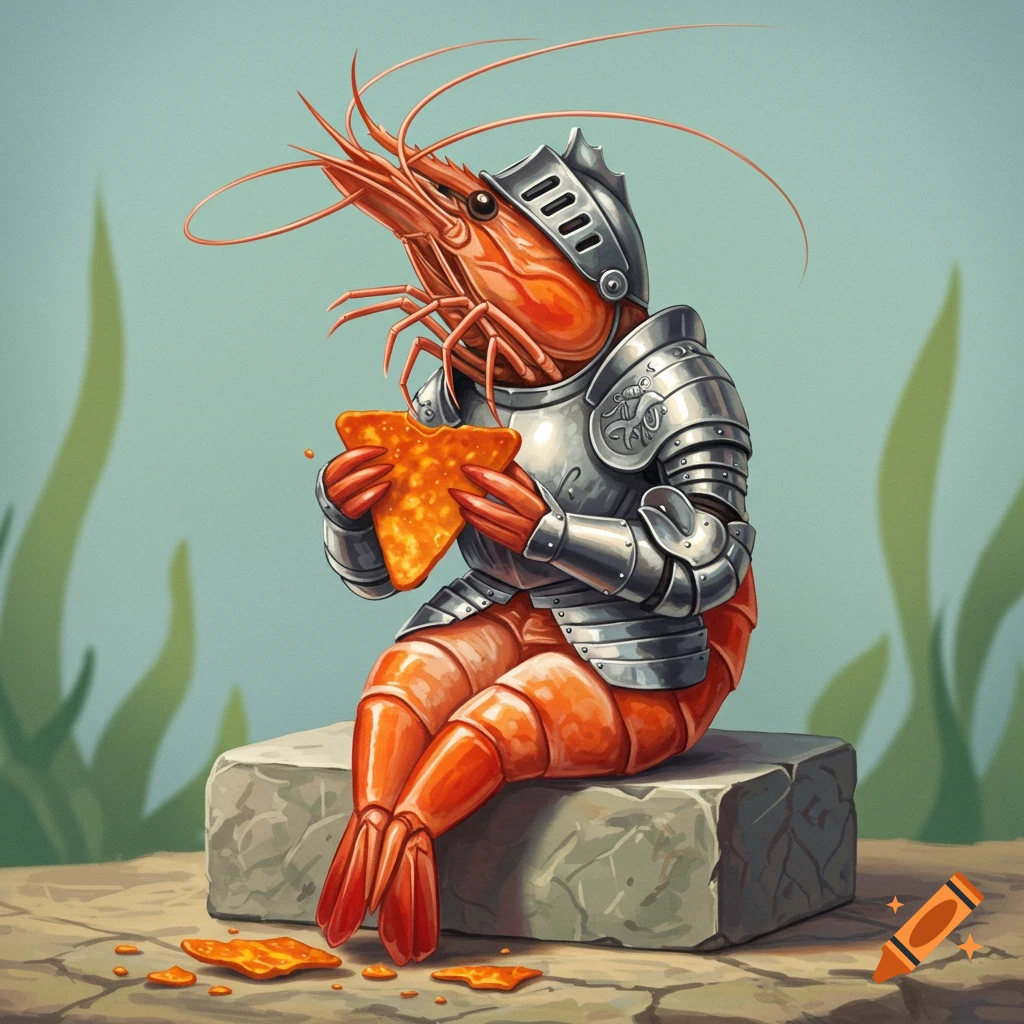 A shrimp in knight armor sits on a rock eating a chip.