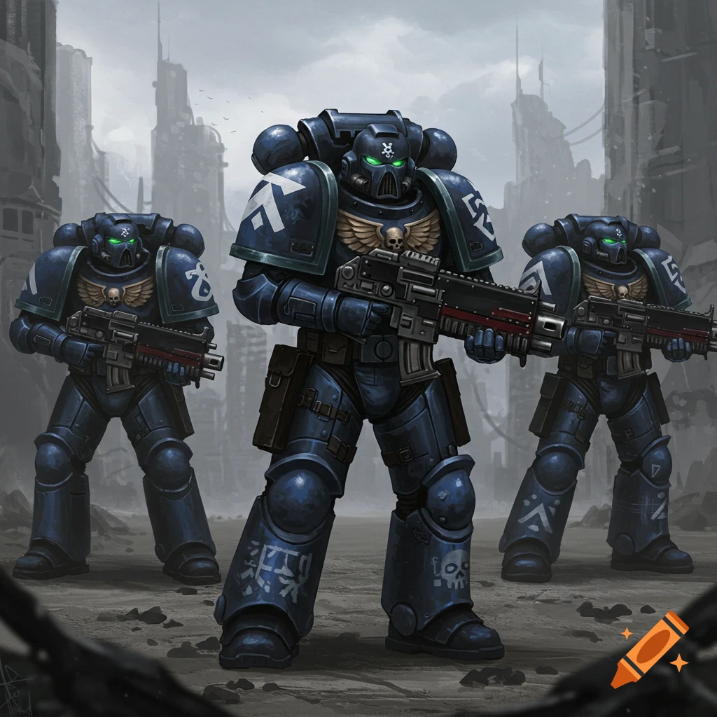Three armored Space Marines stand in a ruined city.