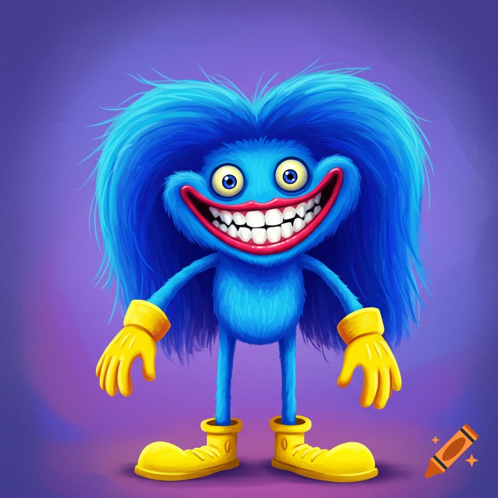 A smiling blue fuzzy creature with sharp teeth, yellow gloves, and yellow shoes.