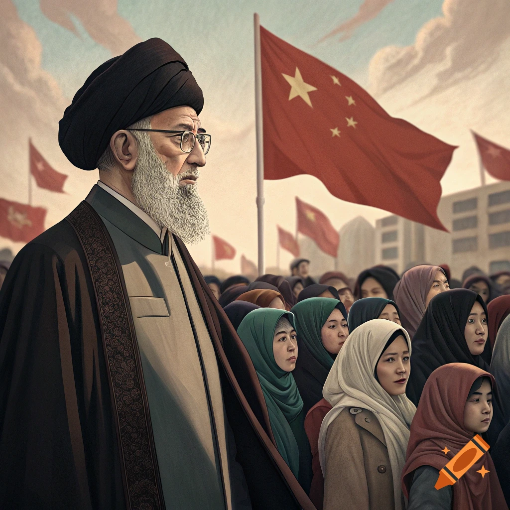 A man in a black turban and robe stands before a crowd of women with headscarves and Chinese flags.