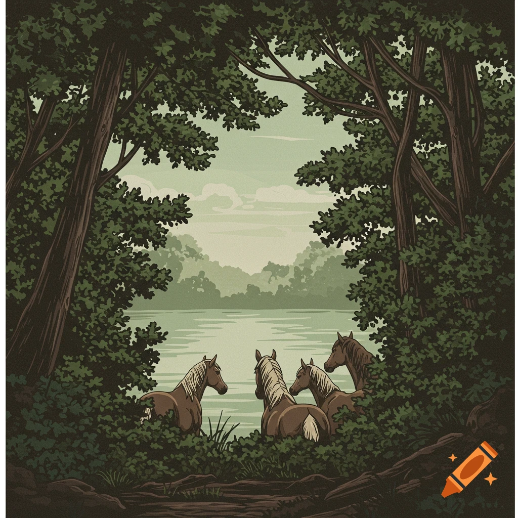 Vector illustration of horses looking at a lake through trees in vintage style.