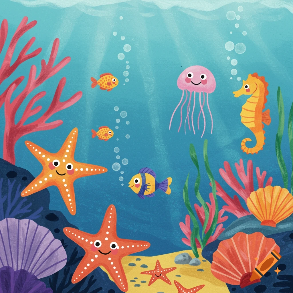 A colorful cartoon underwater scene with smiling starfish, jellyfish, seahorse, and fish.