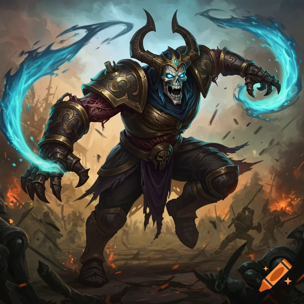 Skeletal warrior in armor casting blue magic on a fiery battlefield with fallen soldiers.