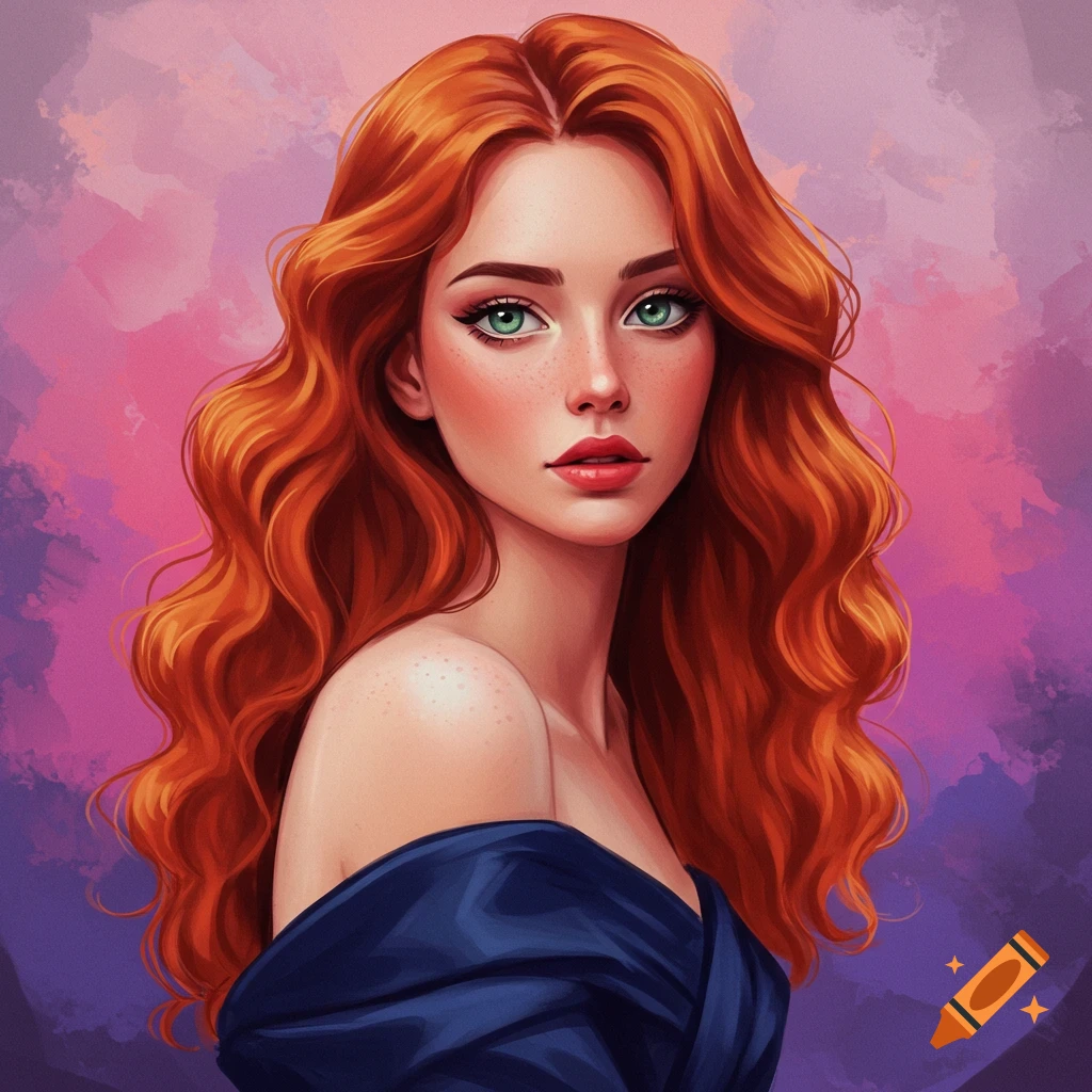 A woman with long wavy red hair, green eyes, and freckles wearing a blue off-the-shoulder dress.