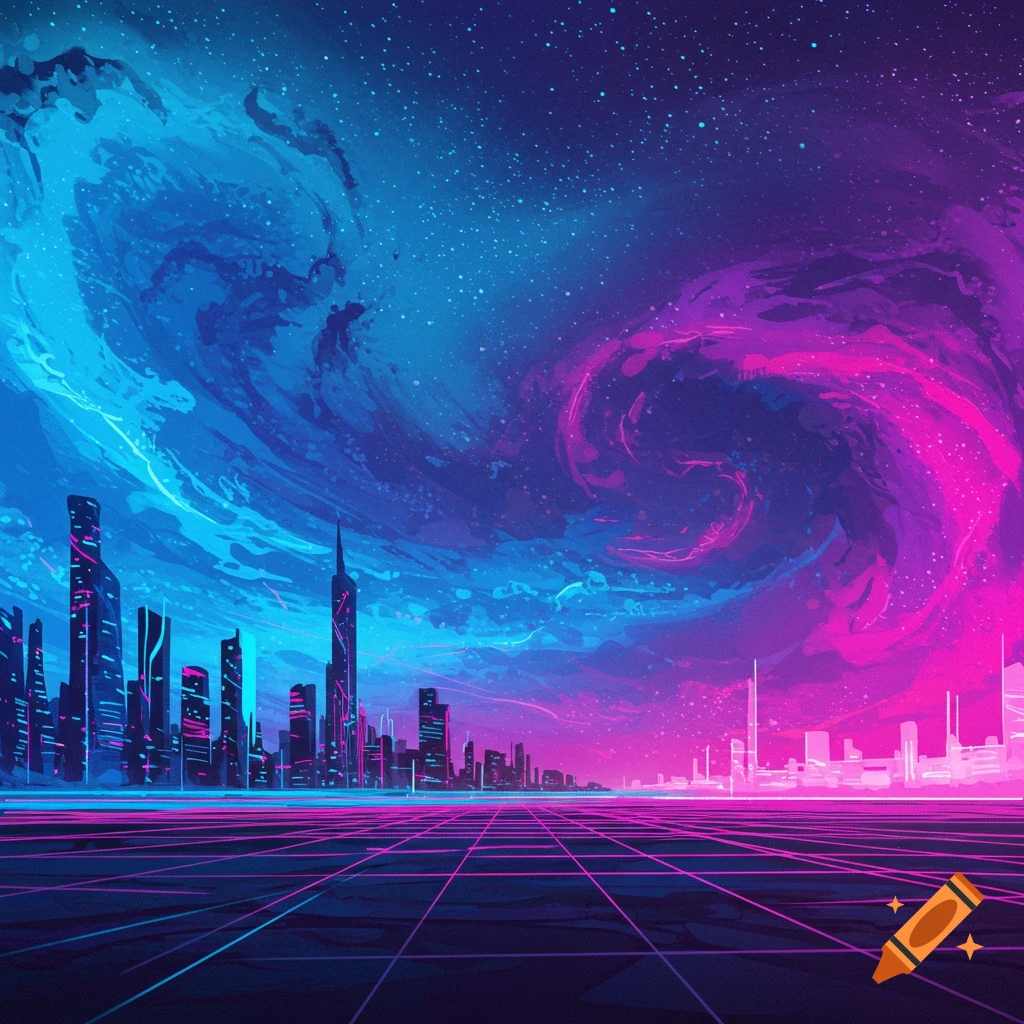 A retro-futuristic city skyline under a vibrant purple and blue swirling sky with stars and a purple grid floor.