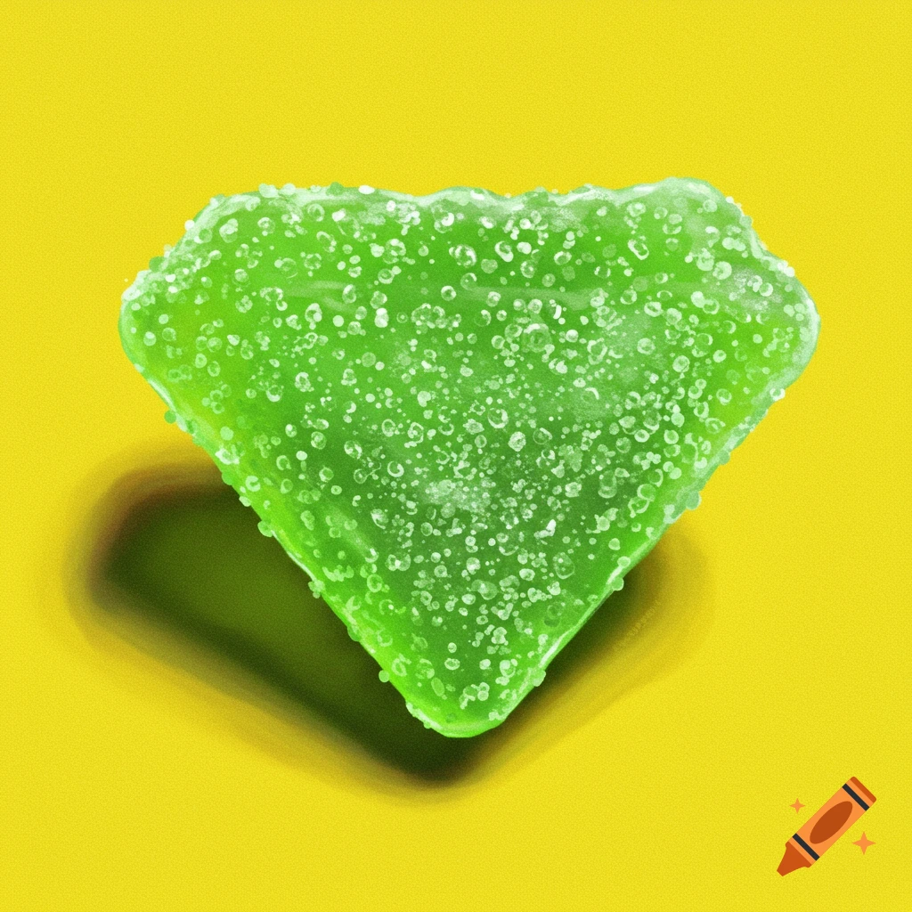 A green diamond-shaped gummy candy with sugar crystals on a yellow background.