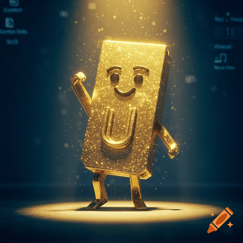 A golden metallic cartoon character with a smiley face stands on a stage, flexing its bicep.