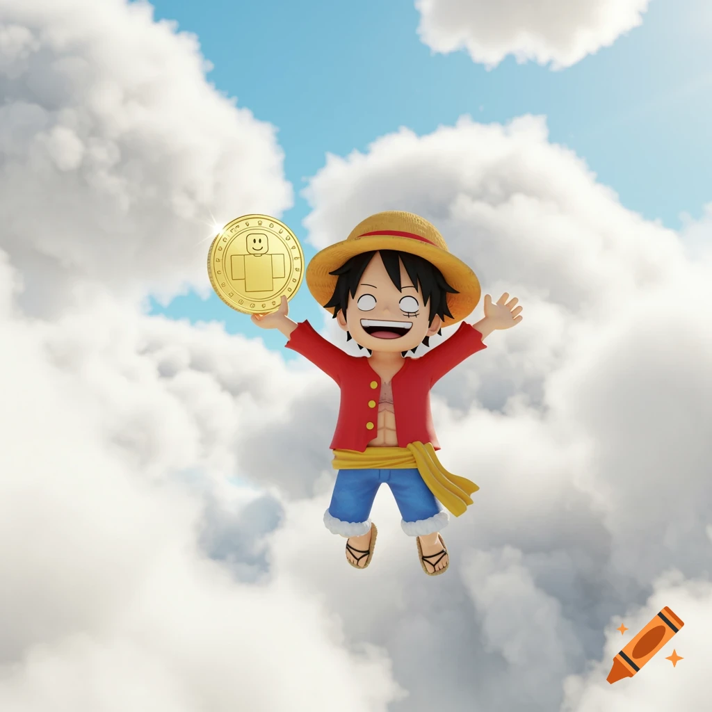 Cartoony Luffy from One Piece floating in the sky, holding a Roblox coin