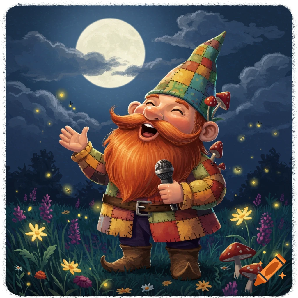 A cheerful gnome sings into a microphone under a full moon in a flower garden.