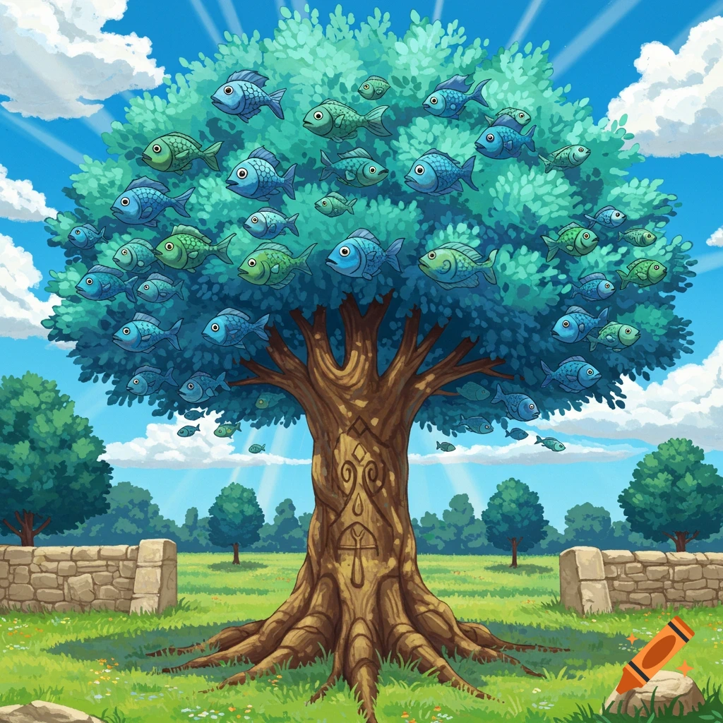 A stylized image of a large tree with fish instead of leaves, in a grassy field.
